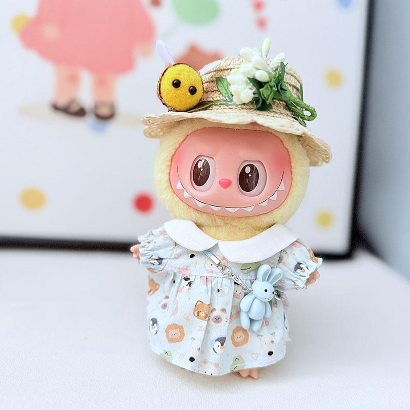 Labubu Clothes - Bee Straw Hat Dress Set for 17CM Doll - Image 2