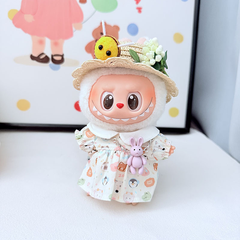 Labubu Clothes - Bee Straw Hat Dress Set for 17CM Doll - Image 3