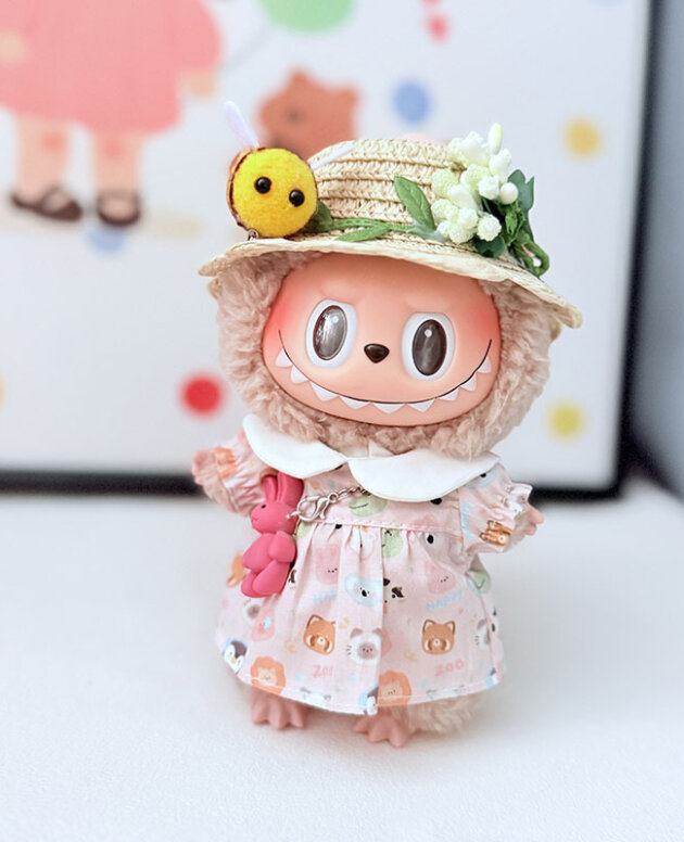 Labubu Clothes - Bee Straw Hat Dress Set for 17CM Doll
