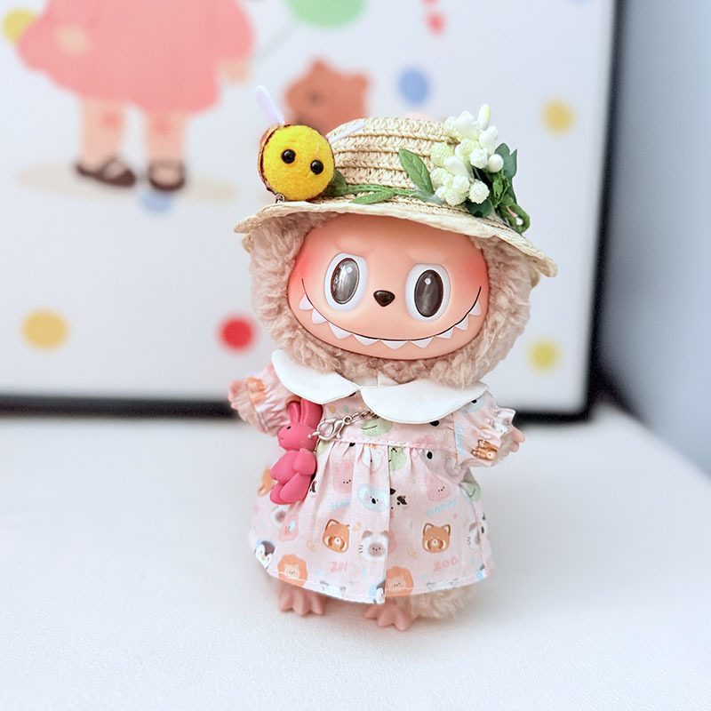 Labubu Clothes - Bee Straw Hat Dress Set for 17CM Doll