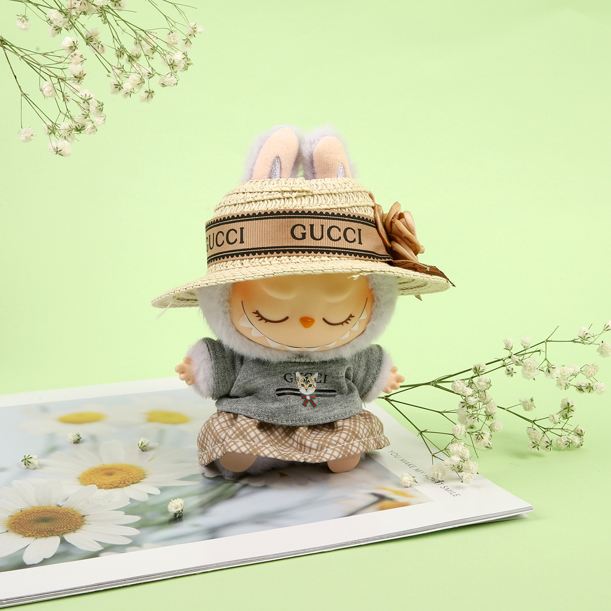 Labubu Clothes - Camellia Straw Hat Set for 17CM Doll - Image 3