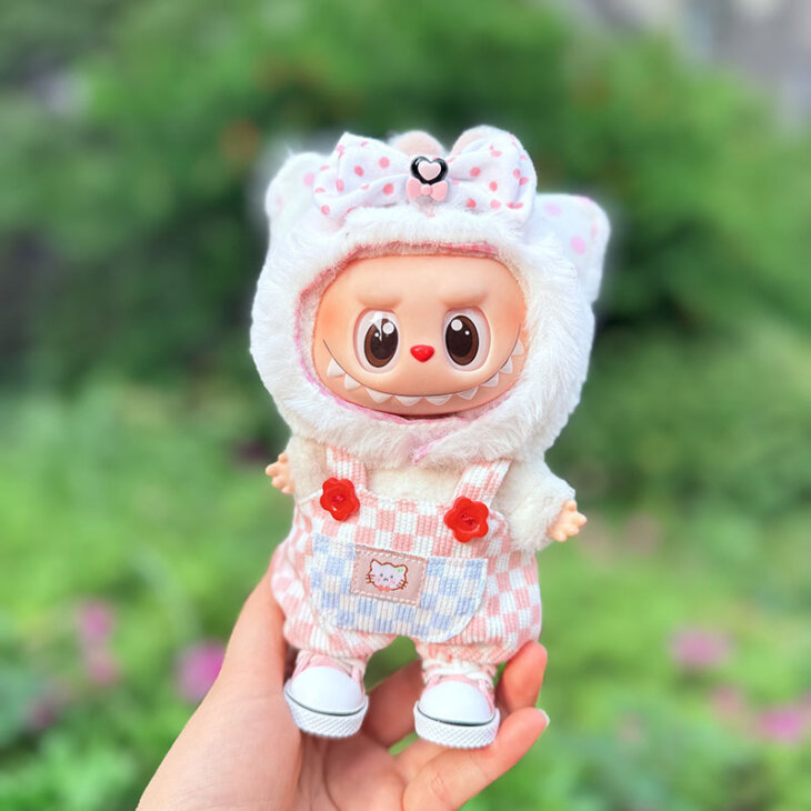 Labubu Clothes - Cat Hat and Plaid Overalls Set for 17CM Doll - Image 4