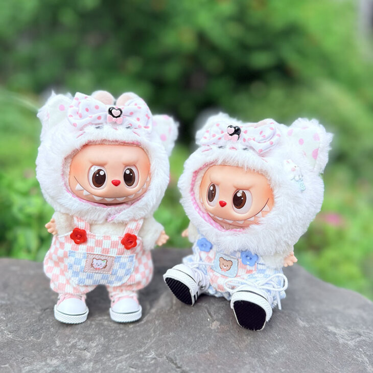 Labubu Clothes - Cat Hat and Plaid Overalls Set for 17CM Doll - Image 6