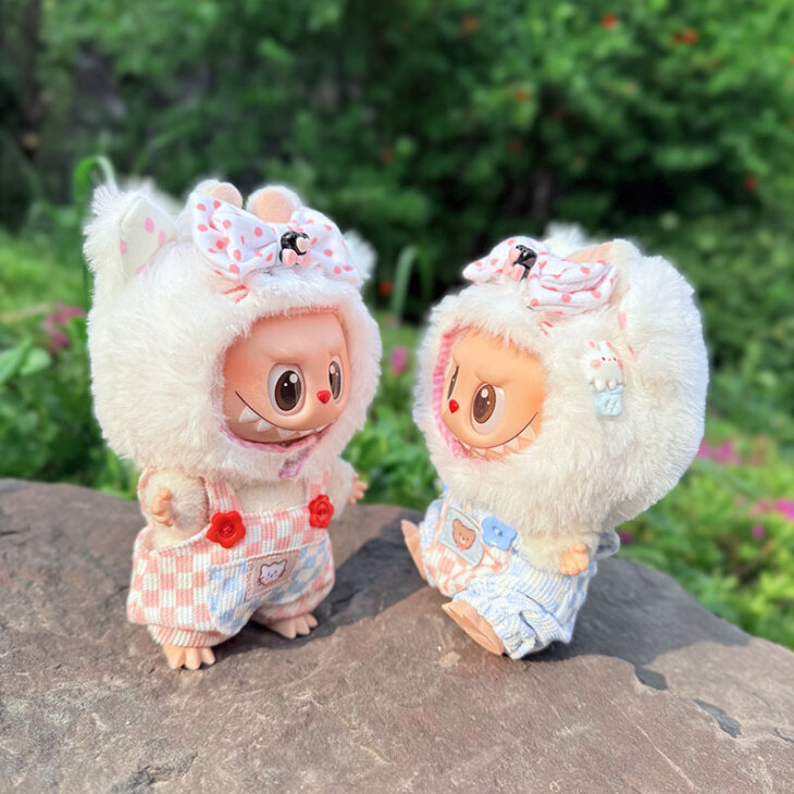 Labubu Clothes - Cat Hat and Plaid Overalls Set for 17CM Doll - Image 3